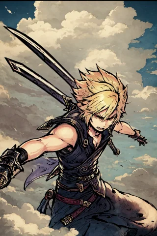Artbytokiame, Masterpiece, Best Quality, 1boy, Blonde Hair,... — Stable Diffusion AI Prompt: artbytokiame, (masterpiece, best quality), 1boy, blonde hair, large sword, angry...