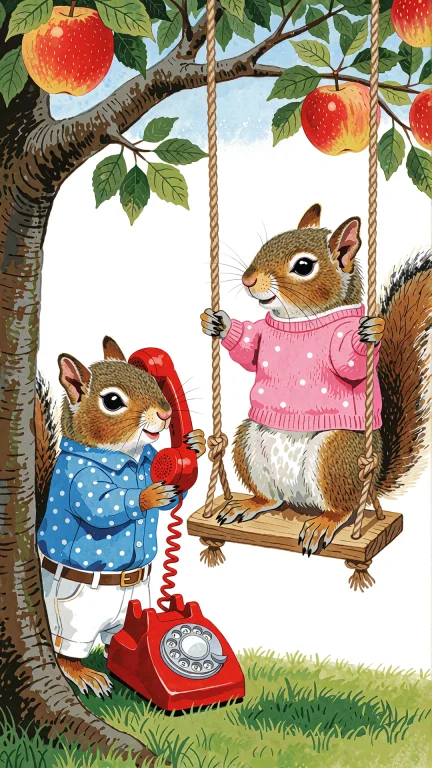 A Squirrel On A Rope Swing Under An Apple Tree, Wearing A Pi...