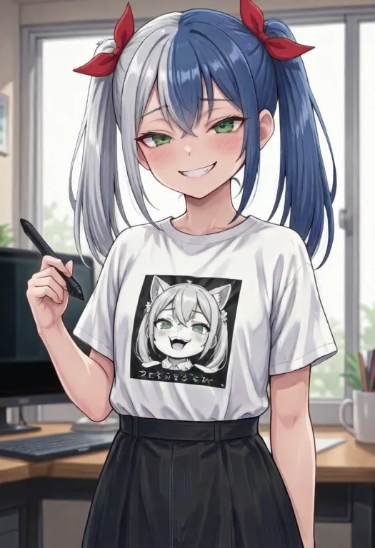 Akubifudegaya, 1girl, Solo Twintails, Split Hair, Silver Hai...