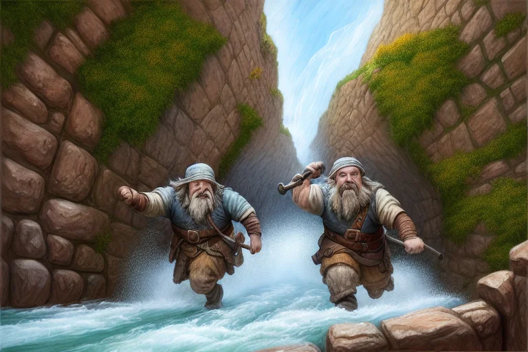 Dramatic Action Shot Of Two Scared Dwarves Running Through A...