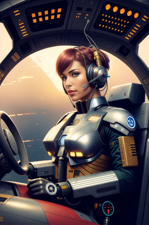 Cyborg Pilot Wired To Commands, Detailed Maximalist Interior...