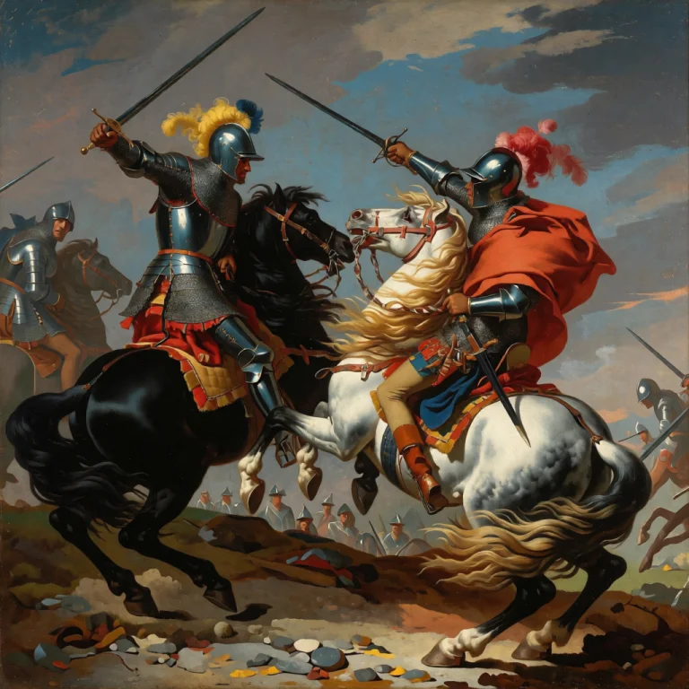 An Oil Painting Of A Medieval Knight Charging His Opponent O...