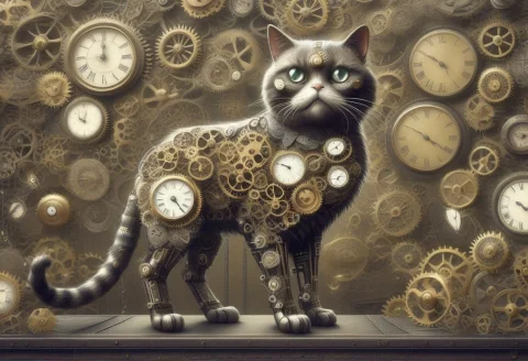 Steampunk Clockwork, A Grumpy Office Cat Made Of Brass Gears... — SDXL AI Prompt: steampunk clockwork, a grumpy office cat made of brass gears and clock faces pun...