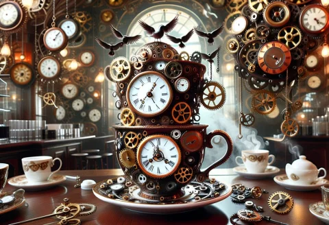 A Beautiful Victorian Coffee Cup Completely Constructed From... — SDXL AI Prompt: A beautiful Victorian coffee cup completely constructed from clockwork, porcelai...