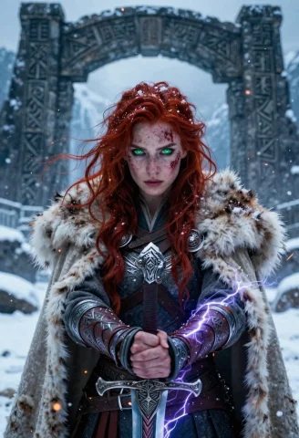 Hyper-detailed Cinematic Portrait Of A Fierce Red-haired Fem... — Stable Diffusion AI Prompt: Hyper-detailed cinematic portrait of a fierce red-haired female warrior standing...