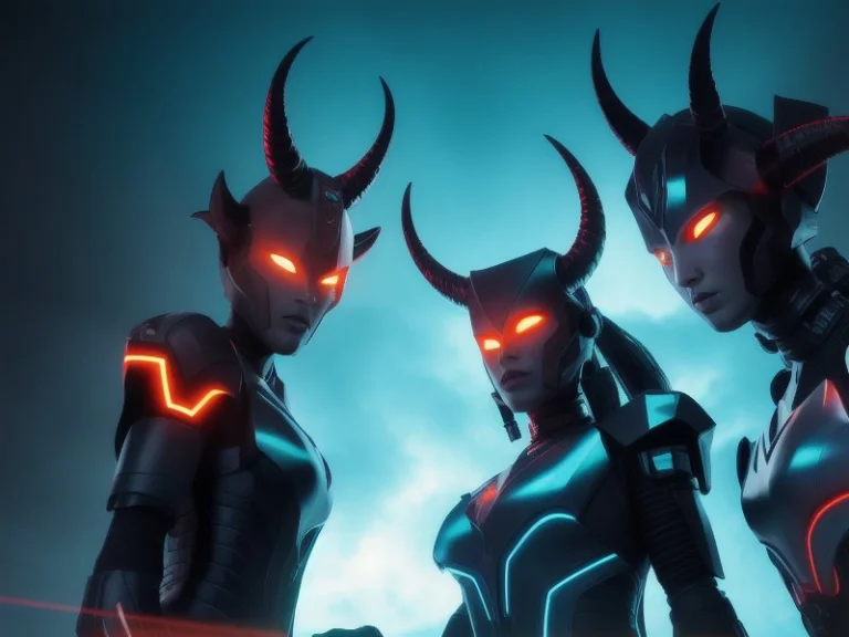Full Body Photo Of Two Beautiful Evil Girls With Two Horns O...