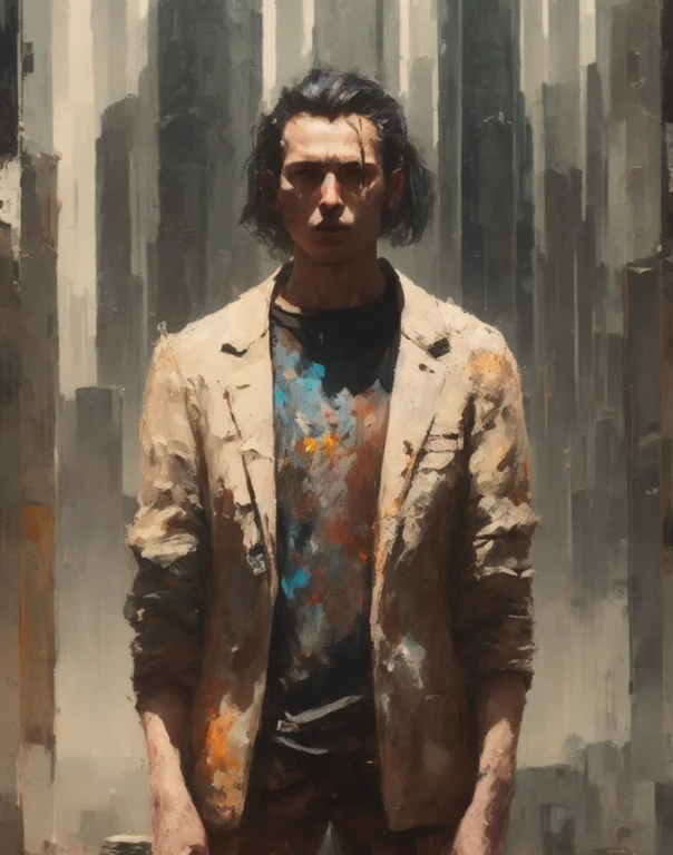 There Is A Man, A Painting Of A Character Standing In A Brut...
