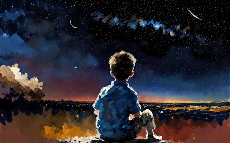 Impressionist Speed Painting Of A Boy Sitting And Looking Up...