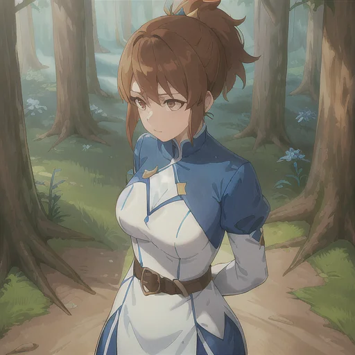 A Woman, Forest, Blue Sleeves And White Outfit,very Short Po...