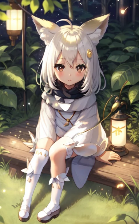 1girl, White Hair, Animalears, Bangs, Detachedsleeves, Firef...