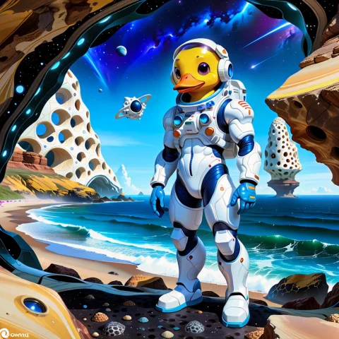 A Semi-realistic Scene Of An Astronaut Standing On A Rocky A... — SDXL AI Prompt: A semi-realistic scene of an astronaut standing on a rocky alien seashore, gazin...