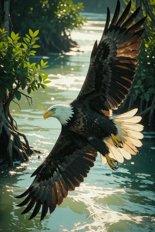 Nature, A Bald Eagle Sweeping Low Over A Florida Estuary, En...