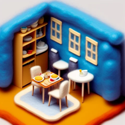Miniwool Style Of A Isometric View Of A Mini Dining Room — Stable Diffusion AI Prompt: miniwool style of a Isometric view of a mini dining room