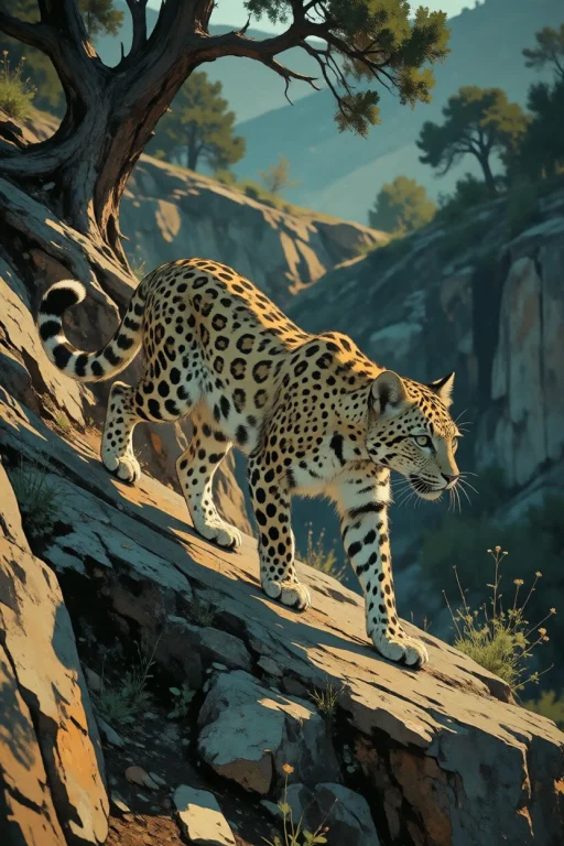 Nature, A Rare Persian Leopard Walking Along A Rocky Juniper...