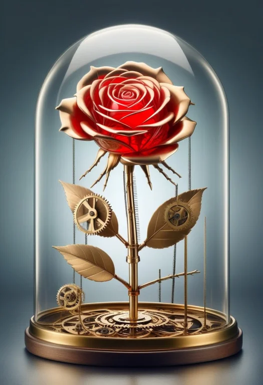 Brass Rose Made Of Clock Parts, Under Glass Dome, Gray Gradi...