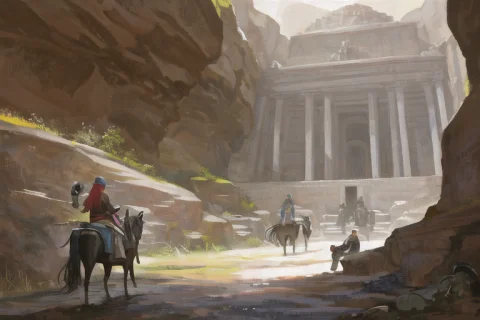 A Painting Of A Man Riding A Horse Through A Cave With A Man... — Stable Diffusion AI Prompt: a painting of a man riding a horse through a cave with a man on horseback next t...