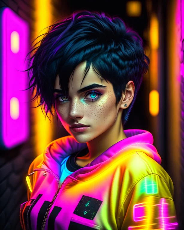 Woman With Short Messy Black Hair, Golden Eyes, A Square Jaw...