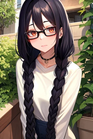 Absurdres, Highres, 1girl, Black Hair, Twin Braids, Glasses,... — Stable Diffusion AI Prompt: absurdres, highres, 1girl, black hair, twin braids, glasses, looking at viewer,