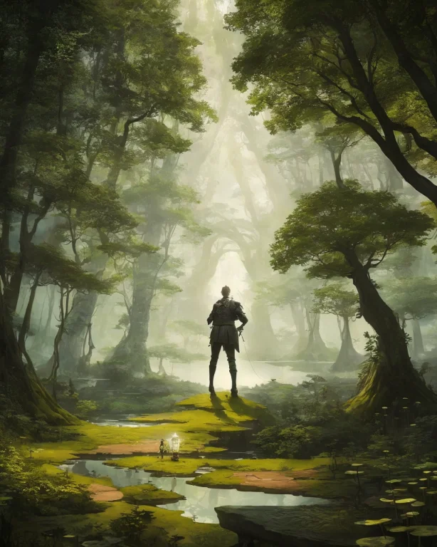 A Man Standing In A Forest Looking At A Lake With A Lantern...