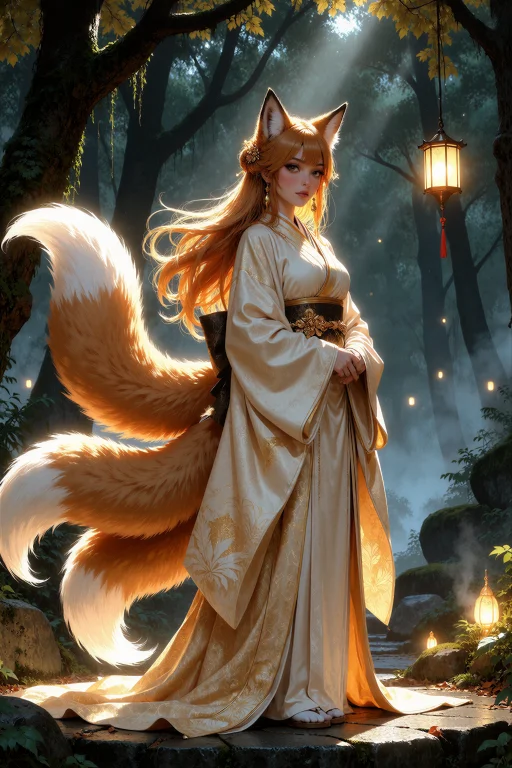 An Illustration Of A Kitsune Spirit Woman With Fox Ears And...