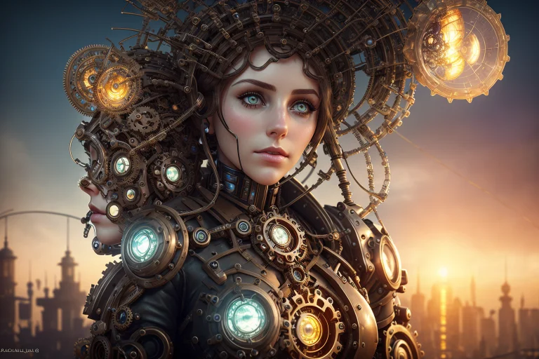 Steampunk, A Beautiful Girl Sitting, Wearing Mechanical Gear...