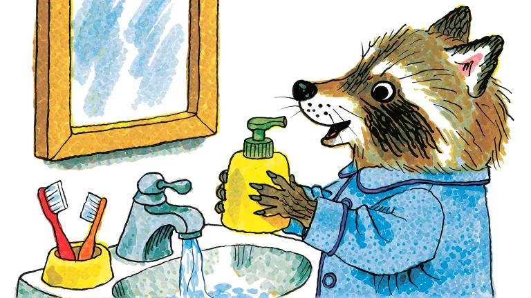 A Raccoon In Blue Pajamas Standing In A Bathroom, Holding A...