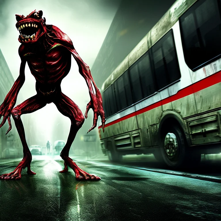 A Monster Sitting At The Back Of A Buss, Other Passengers Un...