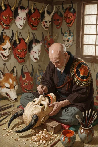 A Close, Slightly Overhead View Of A Mask Carvers Workshop,... — Stable Diffusion AI Prompt: A close, slightly overhead view of a mask carver's workshop, where an artisan in...