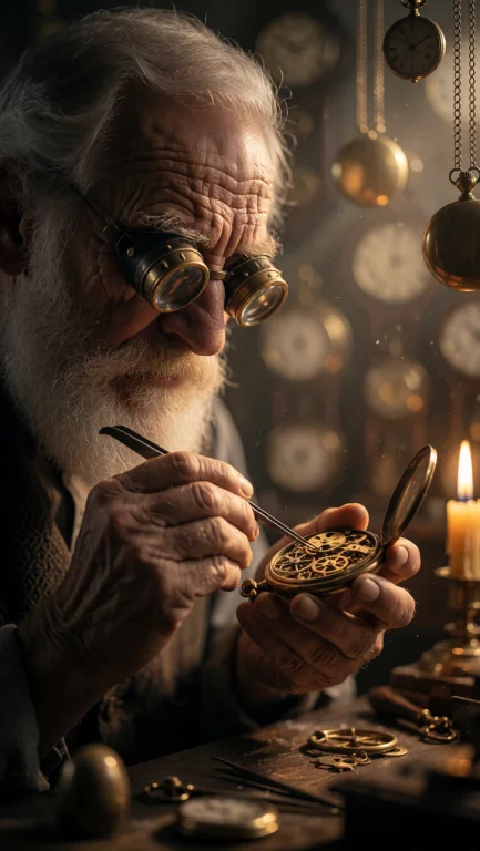 A Cinematic Close-up Portrait Of An Old Clockmaker In His Wa...