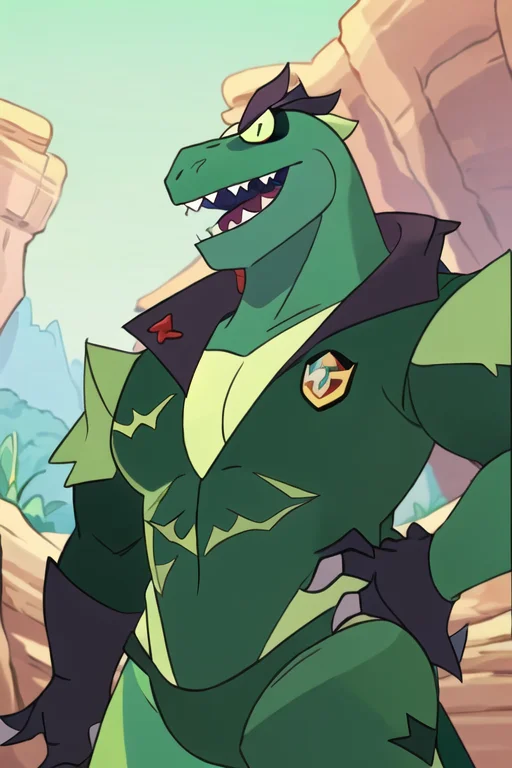 A Green Dinosaur-like Man , Scales, With A Big Smile On His...