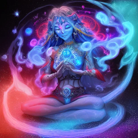 Chakras Intergalactic Divine Being Swirling Fog Wispy Smoke... — Stable Diffusion AI Prompt: chakras intergalactic divine being swirling fog wispy smoke blue and red light m...