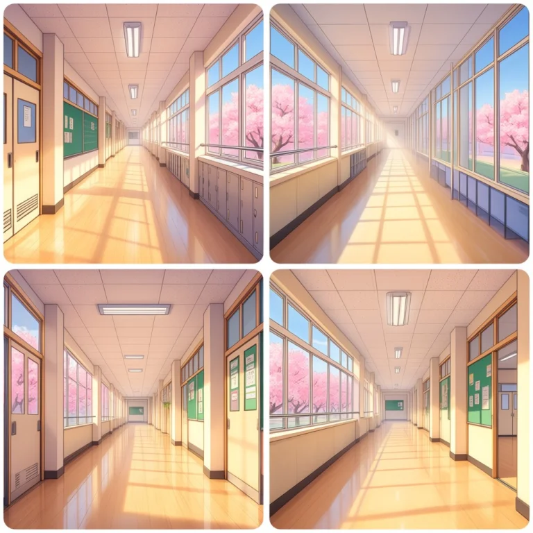 Japanese Highschool Hallway. Views Outside Show Sakura Trees...
