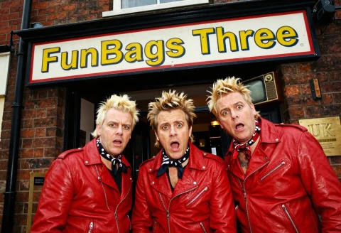 Signage Funbags Three Uk Pop Group Consisting Of Three Men I... — Stable Diffusion AI Prompt: Signage "FunBags Three" UK Pop group consisting of three men in red leather jack...