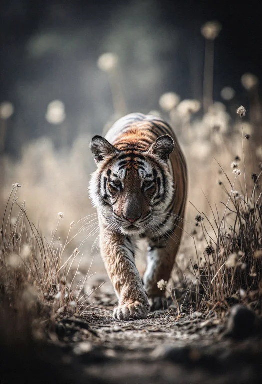 Tiger Prowling In Long Grass In Jungle, Amazing Dramatic Dyn...