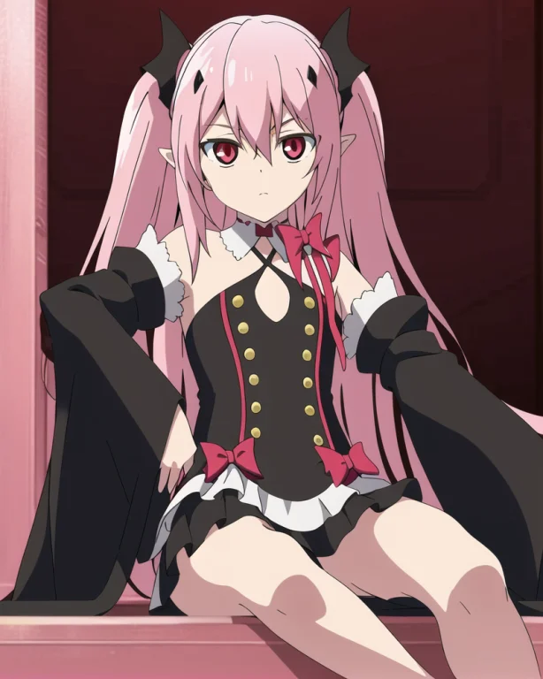 Krul Tepes,1girl,sitting,solo, Pointyears,pinkhair, Longhair...