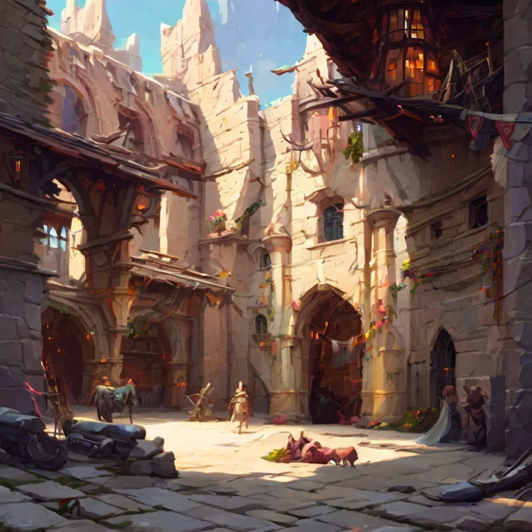 A Castle Courtyard With Stone Walls In A Giant Castle With A...