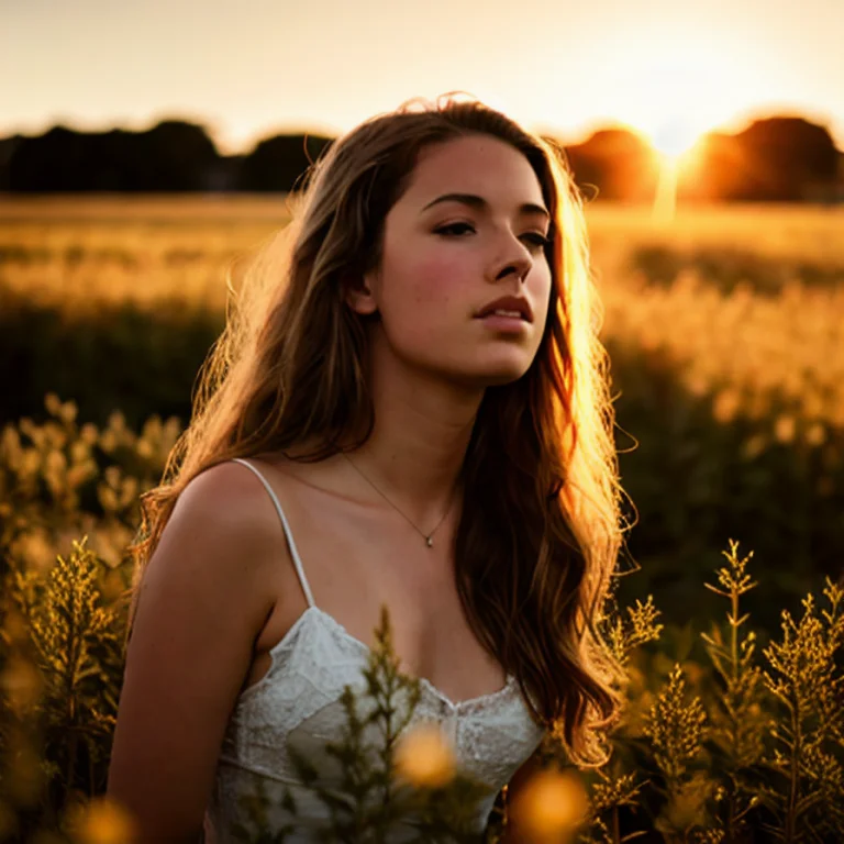 A Young European Woman, Field, Sunset, Sun Rays, Photorealis...