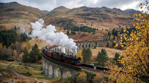 Vintage Black Steam Locomotive On Curved Stone Viaduct, Thic... — Stable Diffusion AI Prompt: vintage black steam locomotive on curved stone viaduct, thick white smoke, rugge...