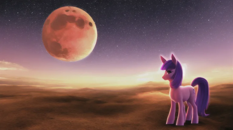 Pony, Cute, 3d, Sunset, Mars, Big Moon, Sky, Stars, Purple G...