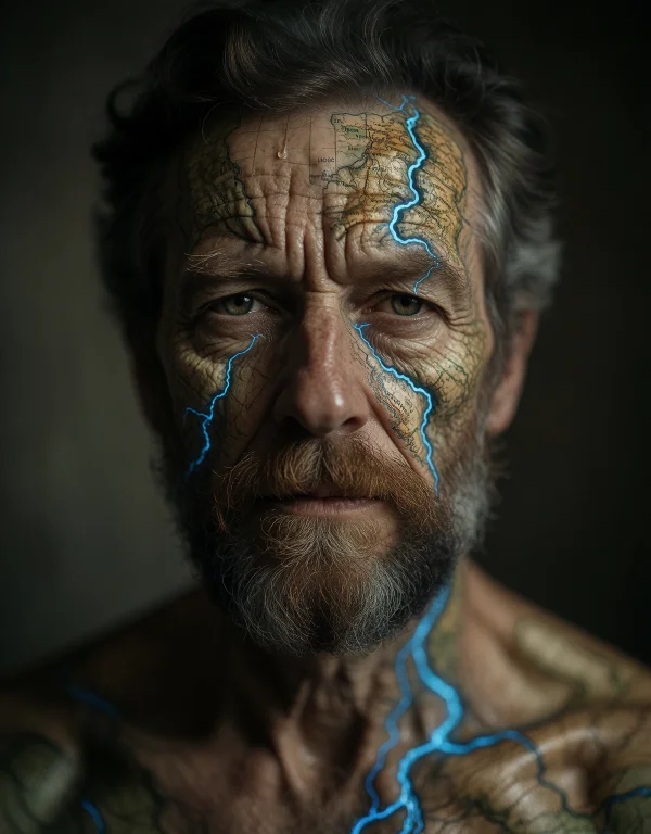 Cinematic Film Still 4. Surreal Topographic Portrait, Close-...
