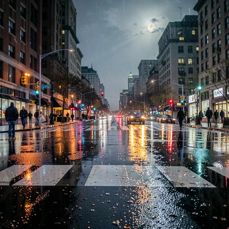 A City Crosswalk Shining After A Night Rain, Moonlight, Cine...