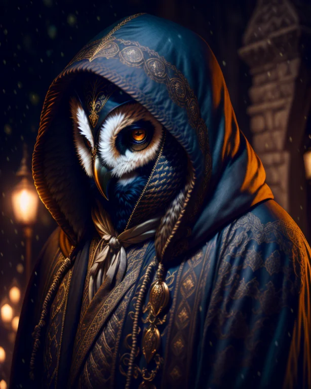 A Man In A Hooded Cloak Wearing Wearing An Elaborate Owl Mas...