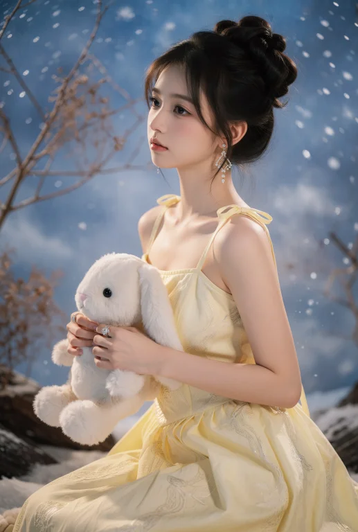 一位年轻女性侧身而坐，黑色长发高高盘起，几缕碎发垂落额前，她...