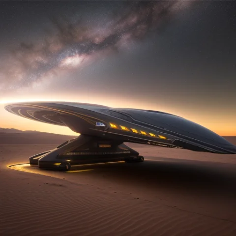 Hyper Realistic Art, Long Cyberpunk Starship Landing In The... — Stable Diffusion AI Prompt: hyper realistic art, long cyberpunk starship landing in the desert, photorealist...