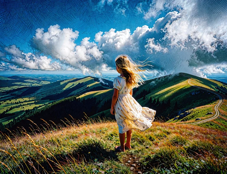 A Faraway Shot Of A Girl Standing On A Grassy Hilltop. The G...