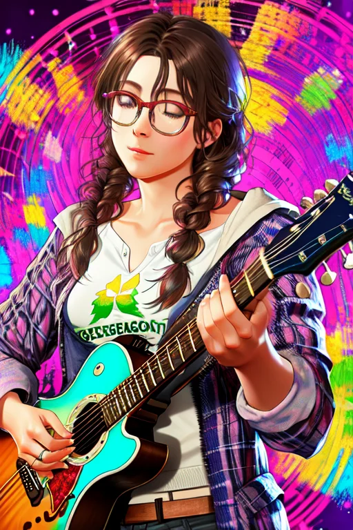 A Realistic Portrait Of A Musician Playing A Guitar, Surroun...