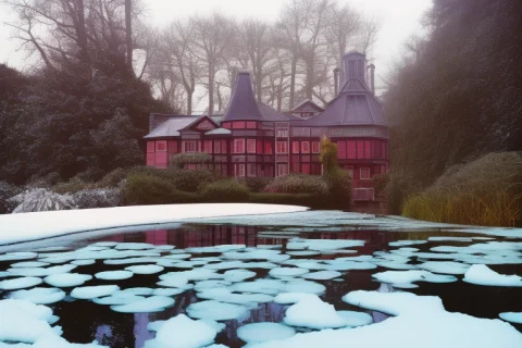Wide Angle Color Photo On Kodak Ektachrome Film, Victorian H... — Stable Diffusion AI Prompt: Wide Angle color photo on Kodak Ektachrome film, (Victorian House:1.2) on a pond...