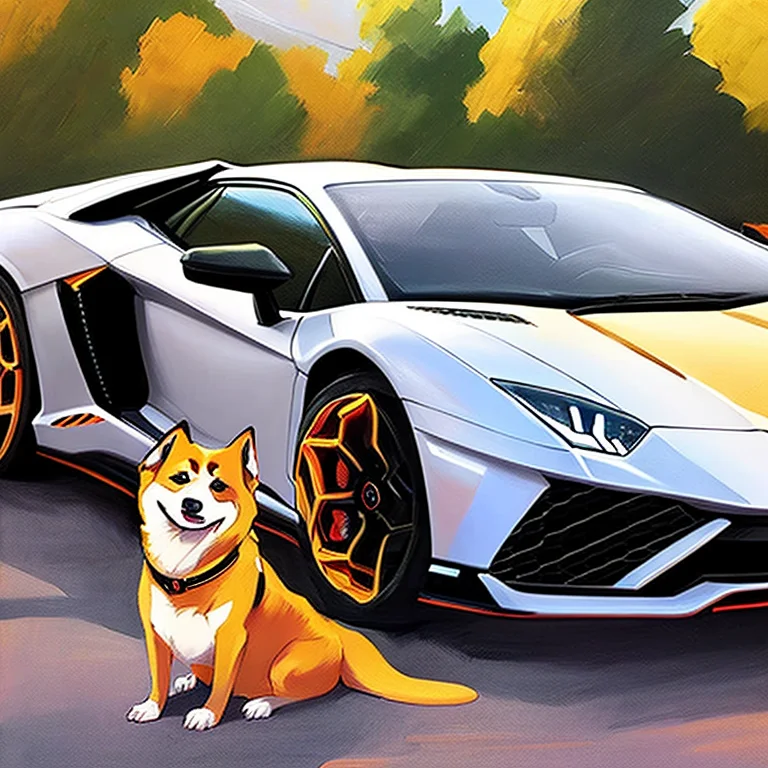 An Adorable Shiba Inu Sitting Next To A Lamborghini Aventado...