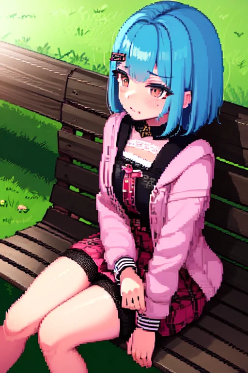 1girl, Solo, Sitting, Short Hair, Outdoors, Bench