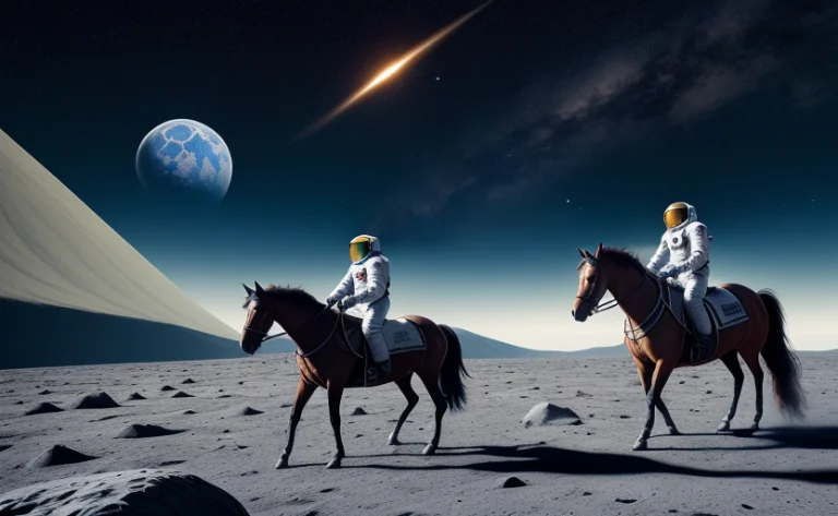 A Black And White Photo Of Two Spaceman On Horses In A Field...